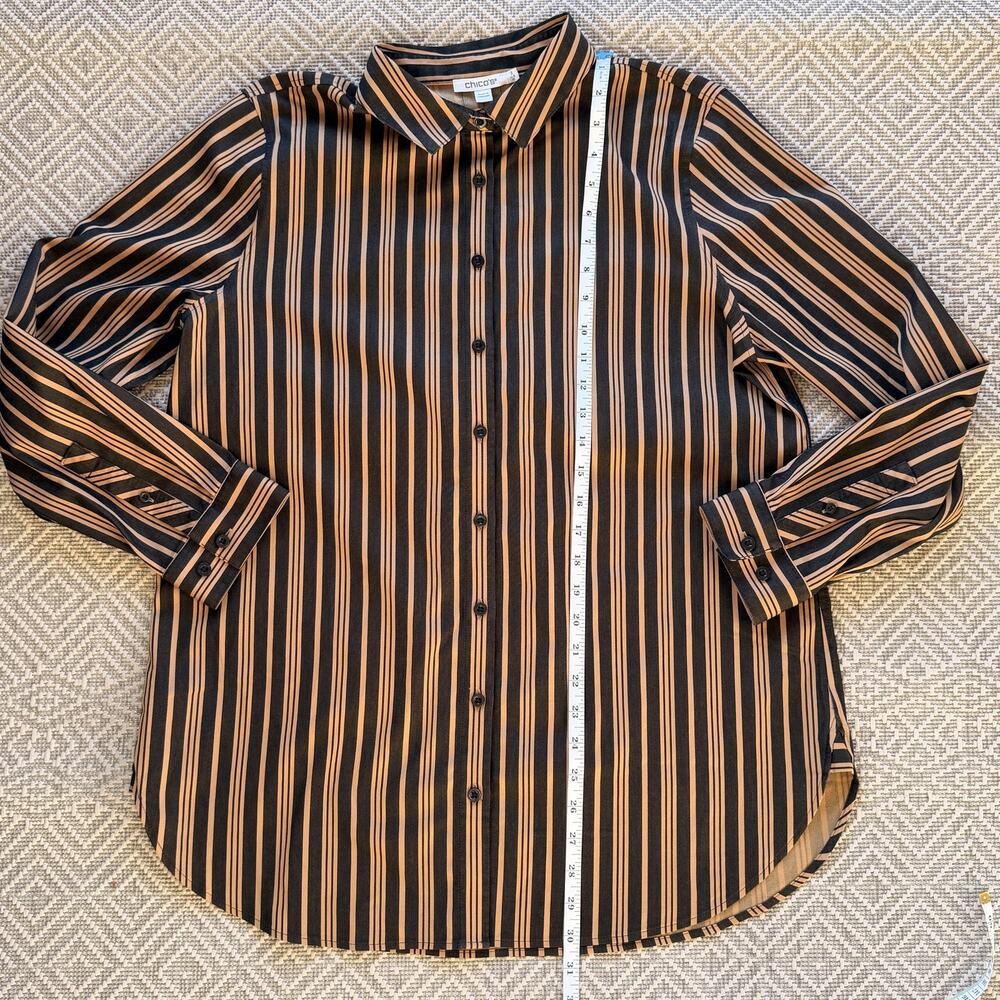 Chicos Shirt Womens 12 Black Tan Stripe Button Front Long Sleeve Stretch Blouse - Picture 7 of 11